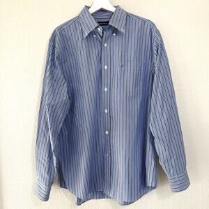 Nautica Mens Blue Stripe Dress Shirt Wrinkle Resist Button Down Shirt Size Large